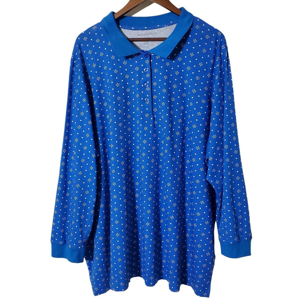 Woman Within Snowflake Print Top 2X 26/28 Blue Long Sleeve Polo Shirt Womens